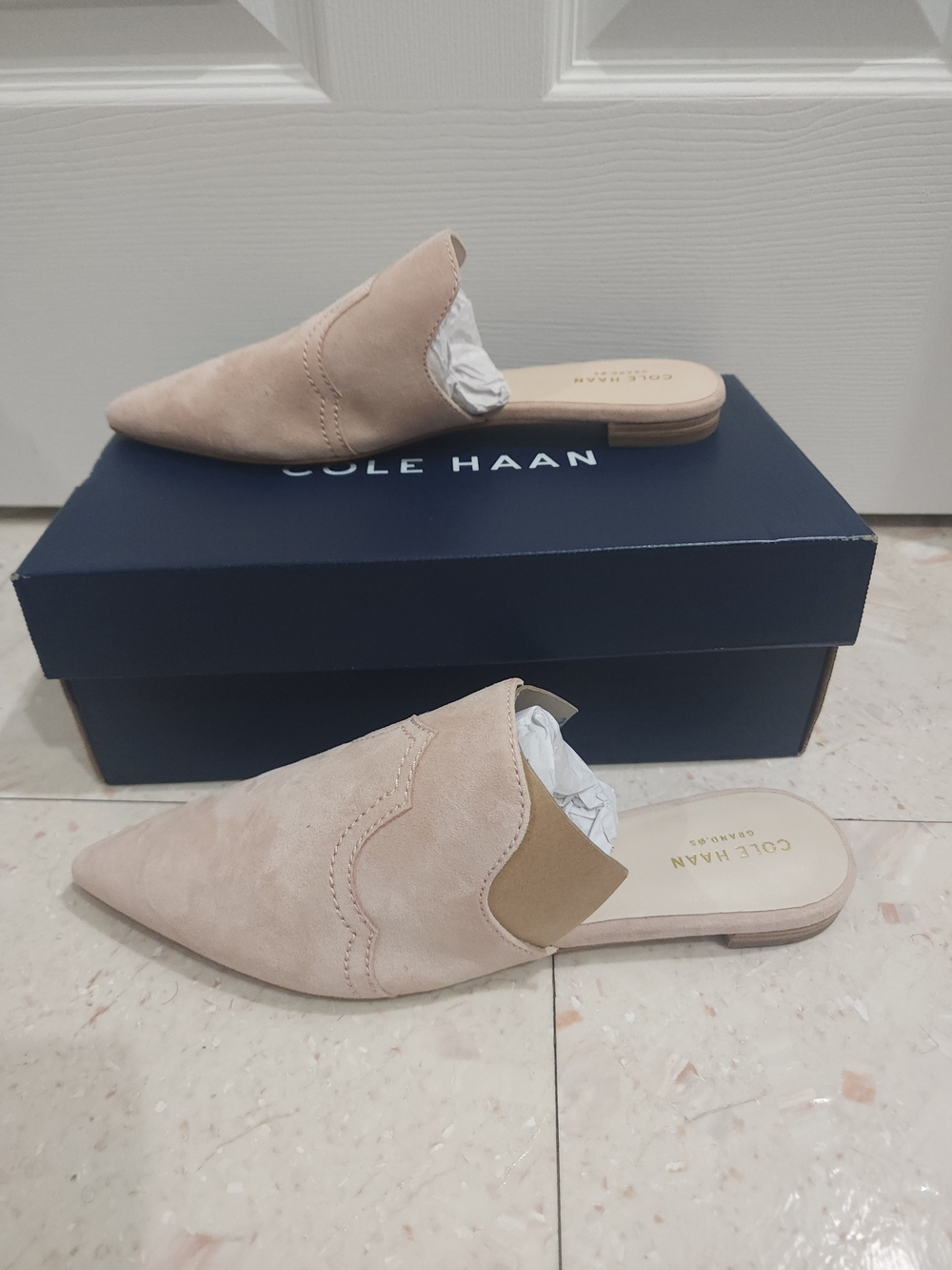 Cole Haan Nude Beige Suede Pointed-Toe Slip-On Mules
